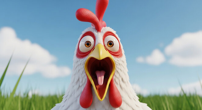 Cartoon rooster crowing in sunny green field with blue sky and clouds
