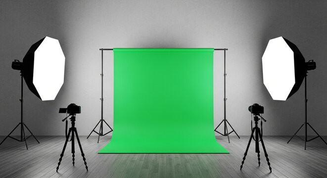 Professional photo studio setup with green screen backdrop and softbox lighting