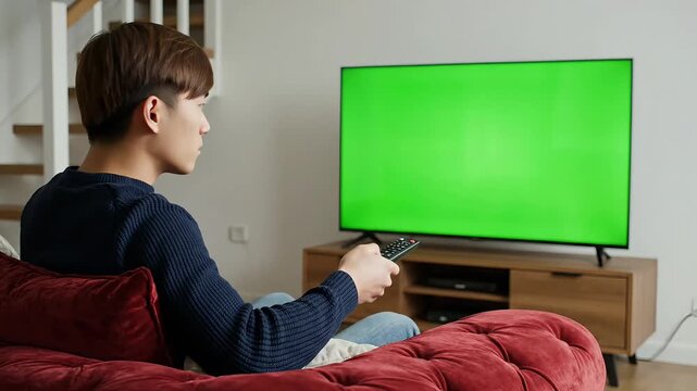 Young man watching movie on LCD TV with green screen for chroma key