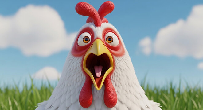 3D cartoon chicken with surprised expression in green field under blue sky