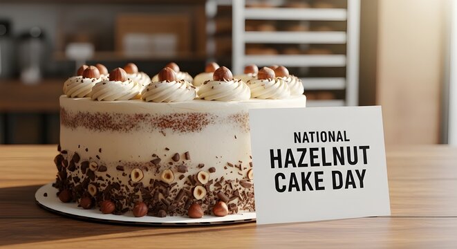 A delicious hazelnut cake on a wooden table with a sign celebrating National Hazelnut Cake Day