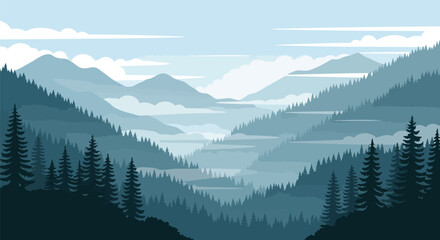 Fototapeta premium Layered mountain landscape with misty valleys and dense evergreen forests under a cloudy sky.