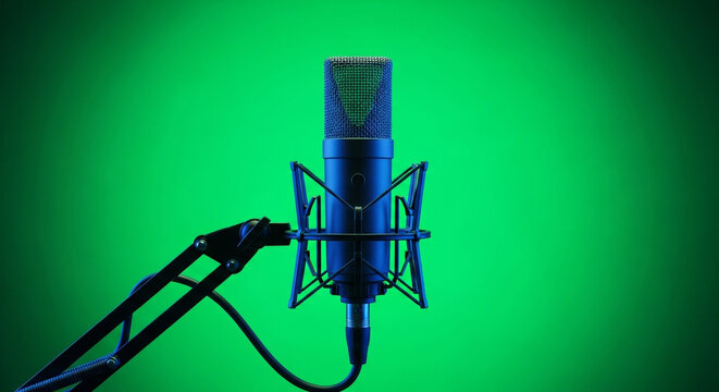 Professional studio microphone with vibrant green neon lighting for podcast or broadcast