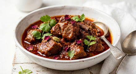 Fototapeta premium Rogan Josh Kashmiri Lamb Curry with Deep Red Spiced Sauce Coriander and Rose Petals in White Bowl White Background