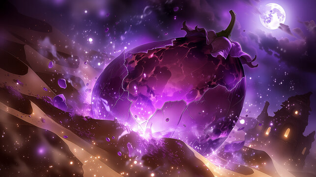 Giant Eggplant Planet Glowing Purple in Fantasy Moonlit Night Sky