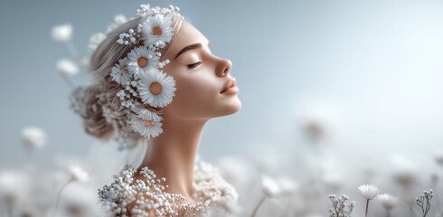 Naklejka premium Relaxed woman with flowers in open natural environment. Calm female figure surrounded by daisyfilled field under soft sunlight with gentle makeup