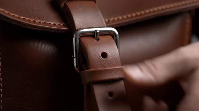 Close-up of a hand adjusting a brown leather bag's buckle