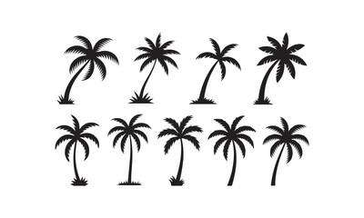 Fototapeta premium Palm Tree Silhouette Set, Tropical Coconut Tree Vector Icons Collection, Summer Beach Nature Clipart