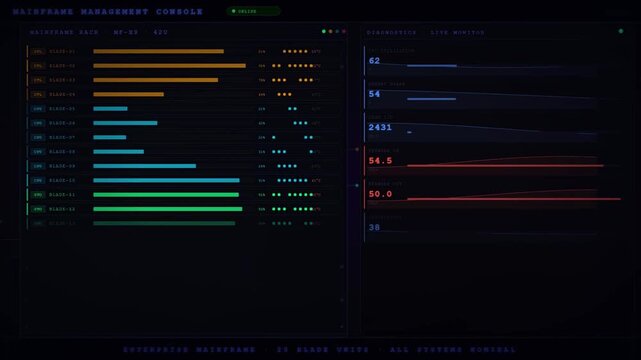 Mainframe Server Management Console System Monitoring Dashboard.