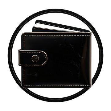 A sleek, partially opened black leather wallet with white stitching and a prominent snap closure, displayed in a minimalist dark setting.
