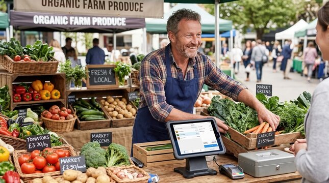 Friendly farmer selling fresh organic vegetables and produce at vibrant local market stall