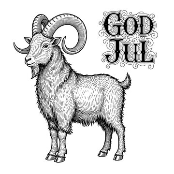 Vintage Engraving Style Illustration of a Majestic Ram with 'God Jul' Calligraphy for Christmas Celebrations