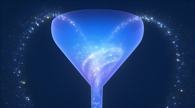 Abstract funnel shape with glittering particles on a dark blue background