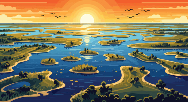 Serene sunset over a sprawling river delta with countless verdant islands and birds in flight