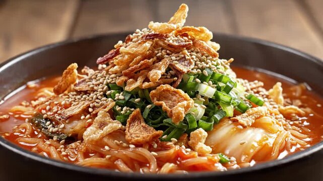 Spicy Noodle Toppings. Crisp Noodles With Fiery Garnish. Crispy Onions And Scallions Complement Spicy Noodles. Steamed Noodles Topped With Fiery Kimchi And Crunchy Garnishes Enhance Flavor.