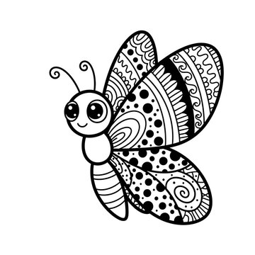 Cute cartoon butterfly with intricate patterned wings, black and white line art illustration for coloring.