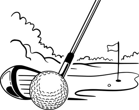 Golf Club and Ball White Background with Golf Course and Clouds sport equipment