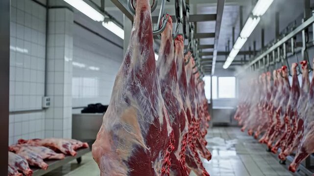 Hanging Beef Carcasses In Coldroom, Rows Of Trimmed Hindquarters On Stainless Hooks Under Fluorescent Lights, Tiled Walls And Drainable Floor, Sterile Atmosphere Suggesting Largescale Abattoir.