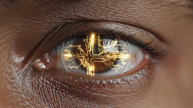 Macro close-up of a human eye featuring a glowing golden digital circuit board pattern on the iris representing cybernetic enhancement and bionic vision technology during a blink