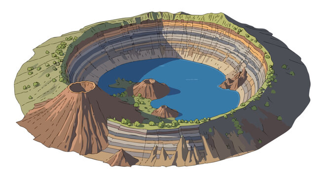 Vivid educational illustration detailing a vast volcanic caldera system featuring a serene deep blue lake and exposed multicolored stratified