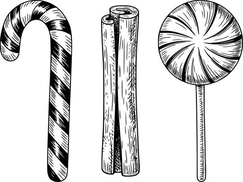 Hand drawn black and white of a candy cane cinnamon sticks and lollipop