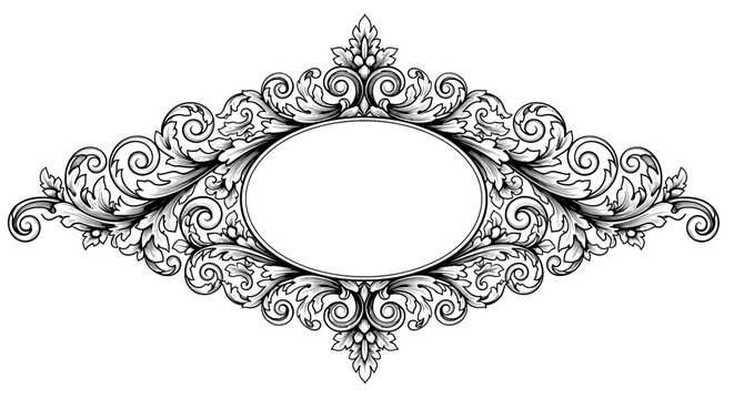 Ornate Black and White Vintage Oval Frame with Elegant Decorative Baroque Flourishes and Swirls