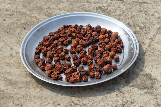 Sun dried chinese date or ziziphus mauritiana fruits on a metallic dish. Excellent for depicting natural food preservation methods, traditional snacks, and seasonal agricultural harvest