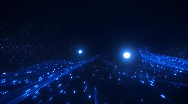 Futuristic dark blue space landscape with glowing orbs and streaks of light