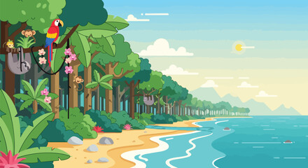 Naklejka premium Vibrant tropical rainforest and sandy beach scene, alive with exotic wildlife.
