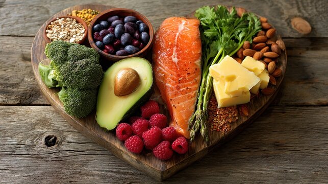 cholesterol. A heart-shaped arrangement of healthy foods on vintage wooden boards, conveying a wholesome diet concept. menu design.