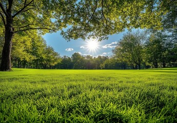 Obraz premium Serene summer landscape illustration featuring a vast, lush green grass field with trees against a bright blue sky background. Ideal park or golf course scene, perfect for website headers, travel broc
