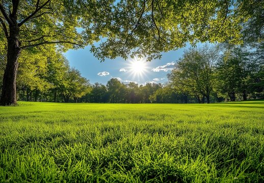 Serene summer landscape illustration featuring a vast, lush green grass field with trees against a bright blue sky background. Ideal park or golf course scene, perfect for website headers, travel broc