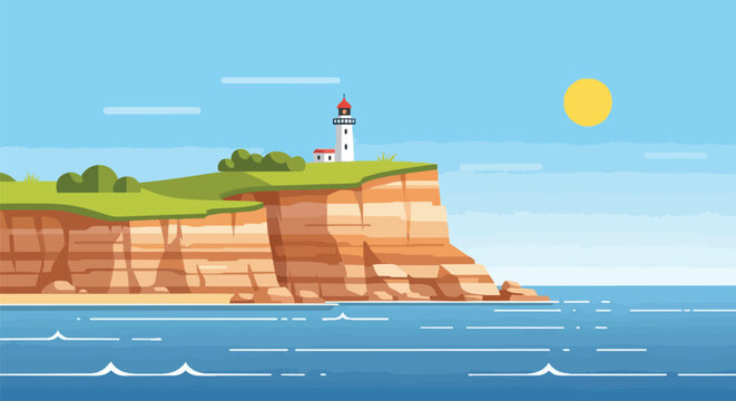 Flat design coastal panorama with a classic lighthouse majestically perched on an imposing cliff, overlooking the expansive calm blue sea under a