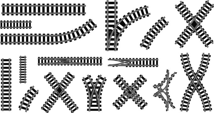 Railway Track Elements Set with Straight Curved Crossing and Switch Rails Silhouette Collection for Train Transport Infrastructure and Engineer.