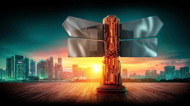 Futuristic Digital Signpost Representing Strategic Business Path Selection And Data Driven Decision Navigation.