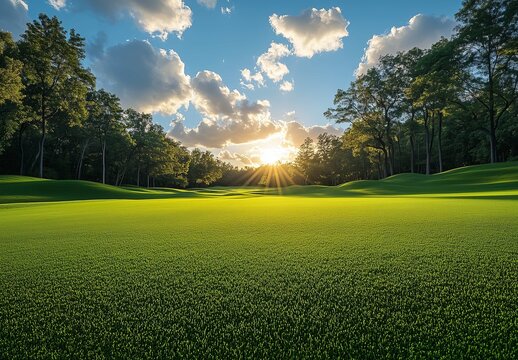 Serene summer landscape illustration featuring a vast, lush green grass field with trees against a bright blue sky background. Ideal park or golf course scene, perfect for website headers, travel broc