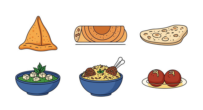 Delicious Indian food dishes including samosa, roti, and various curries in a vector illustration.