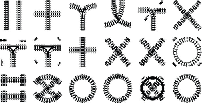 Railway Track Junction and Intersection Silhouette Set with Crossings Curves Circular Rails and Switch Designs for Transport Infrastructure Vector Collection