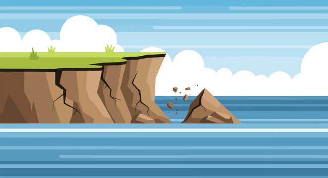 Coastal cliff erosion vector art depicts crumbling landmass with cracks, falling rocks into blue ocean, symbolizing environmental change geology