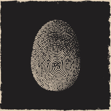 Detailed black and white fingerprint forensic identification and security concept isolated on black background