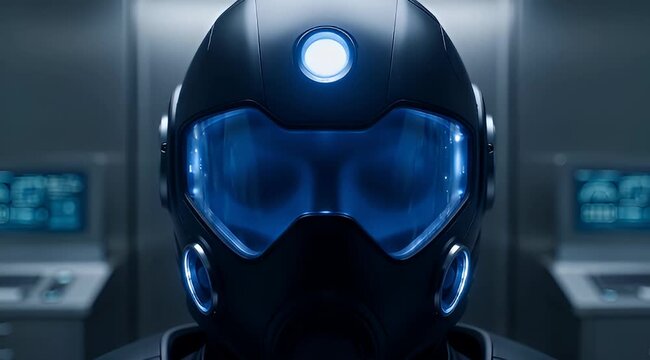Futuristic Helmet Close Up with Glowing Blue Visor and Dark Background