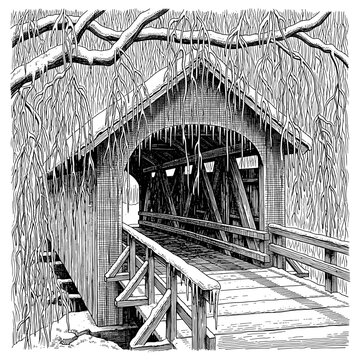 A Detailed Pen and Ink Drawing of a Rustic Covered Bridge in a Serene Winter Landscape