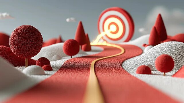 Winding strategic pathway guiding business decisions toward a clearly defined floating target destination.