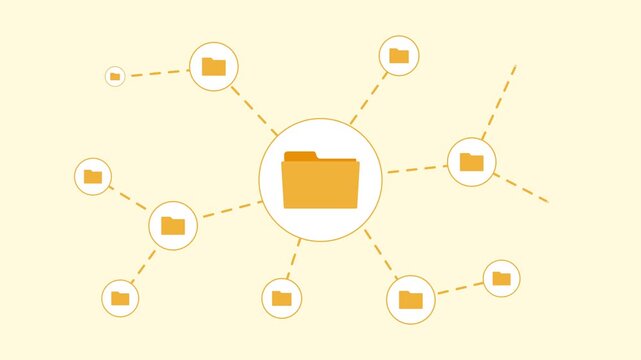 Animated folder with subfolders, storage network animation, database management, save digital data files