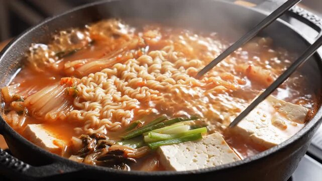 Spicy Kimchi Soup. Hearty Noodles In Fiery Kimchi Broth. Cooking Rich Kimchi Stew With Mushrooms And Soft Tofu Cubes. Preparing Robust Kimchi Soup With Mushrooms And Tender Tofu In Spicy Broth.