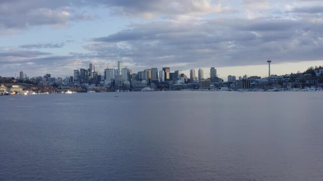 4K Drone Aerial Footage of Seattle Skyline Across Lake Union at Blue Hour &ndash; Space Needle, Waterfront Cityscape, Urban Skyline Reflections, Washington Evening View