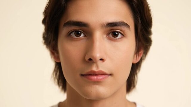 Close up portrait of a young man with glowing eyes against a plain backdrop
