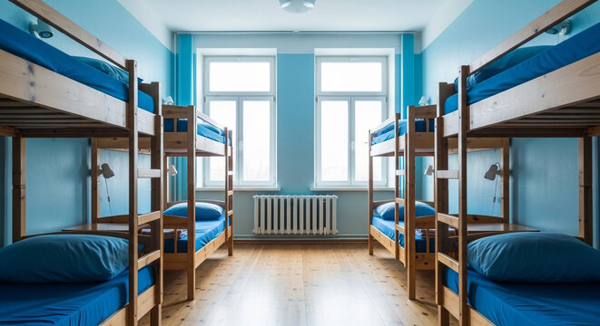 Bright and modern hostel dormitory with blue bunk beds and large windows
