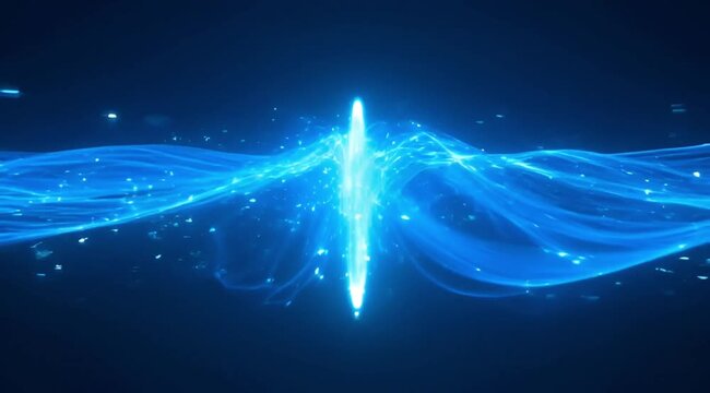 A glowing digital art illustration featuring an abstract blue background video