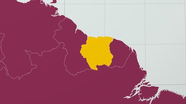 Suriname map. Animated zoom into the country on the Globe in Pale Mint Dark Pink color palette. Country logo animation with round text and airplanes. Map with meridians, parallels. Neat video.